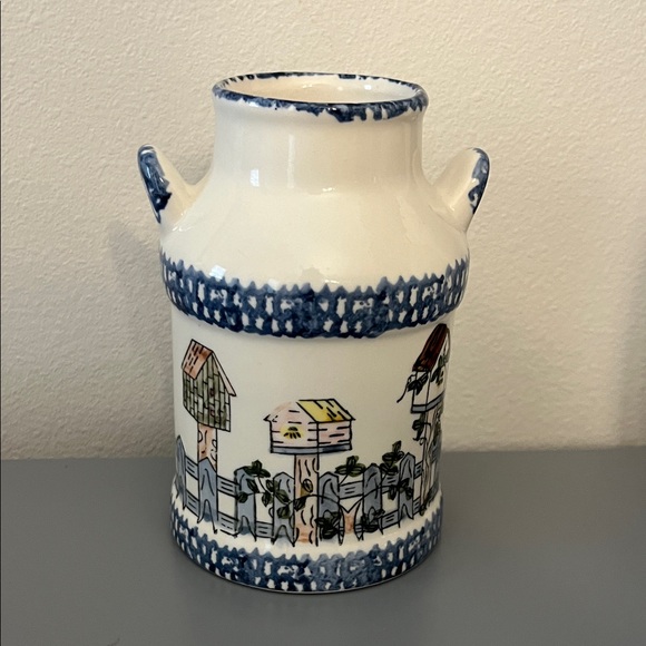 Source Unknown Other - Vintage Cream and Blue Vase with Bird Houses  5”